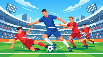 Fototapeta premium Soccer player dribbling through defenders and sliding tackle vector illustration