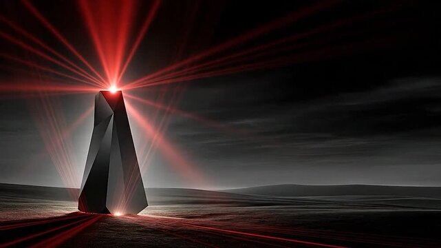 A mysterious dark geometric monolith emits powerful red light rays across