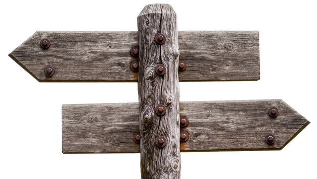 Rustic wooden directional signpost with two arrow signs