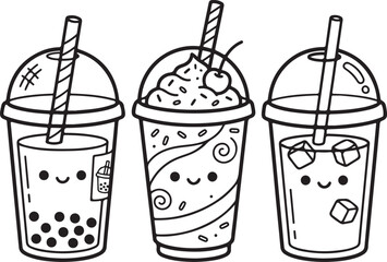 Kawaii drink cups coloring page set. Cute smoothie vector illustration. Bubble tea line art. Milkshake drawing for kids. Cartoon beverage characters. Black and white outline. Printable coloring sheet.