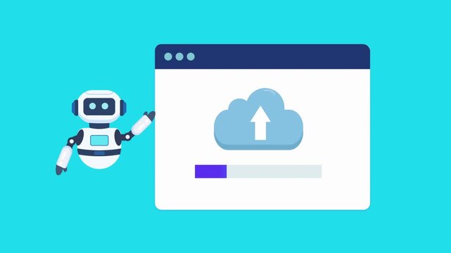 Animated robot assistant presenting a cloud upload interface with progress indicator. Looping motion graphic for cloud computing, file transfer, storage, and technology concepts.