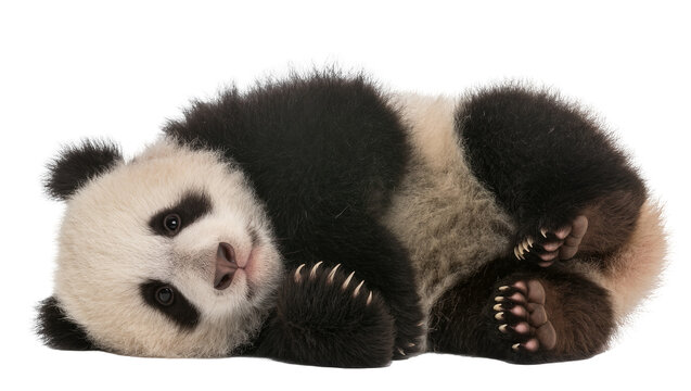 Baby panda bear lying on its side, cute and fluffy