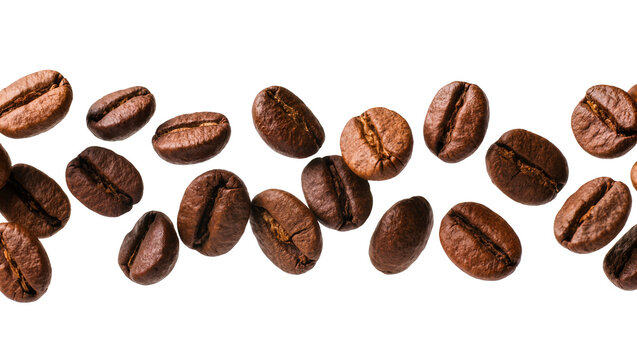 Roasted coffee beans scattered on white