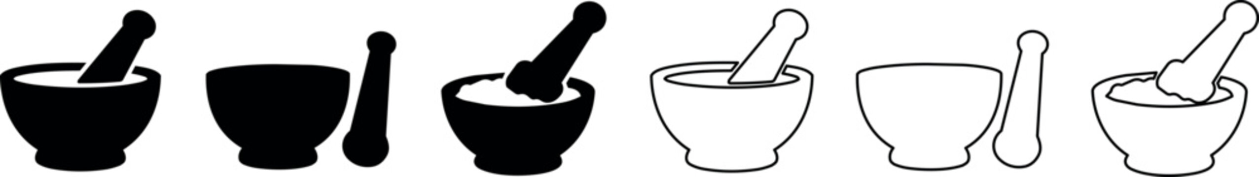 A set of mortar and pestle icons in black and white outline vector style, suitable for culinary and kitchen designs