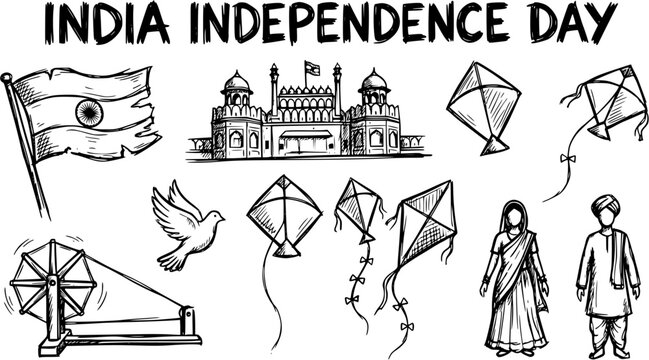 Indian Independence Day Icons Hand-Drawn. Black  white line art collection featuring the Indian flag, Red Fort, Charkha, kites, dove, and traditional people.