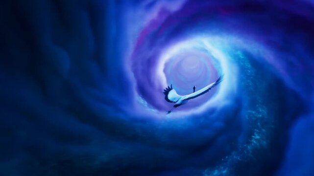 Tracking shot of crane flying and circling through swirling spiral vortex of clouds toward luminous portal in abstract deep blue and purple night sky