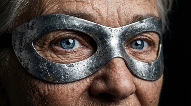 Senior Woman Wearing Metal Superhero Mask with Intense Blue Eyes Close Up