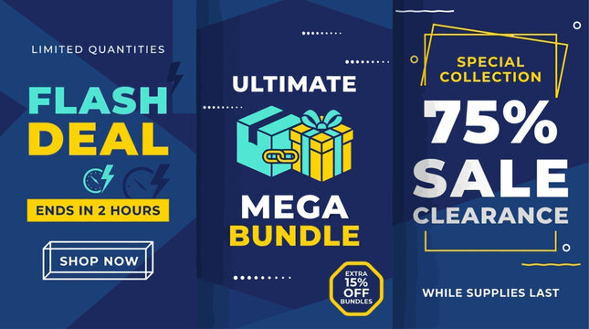Engaging digital banners promoting online retail sales, showcasing urgent flash deals, ultimate product bundles, and significant clearance discounts for e-commerce