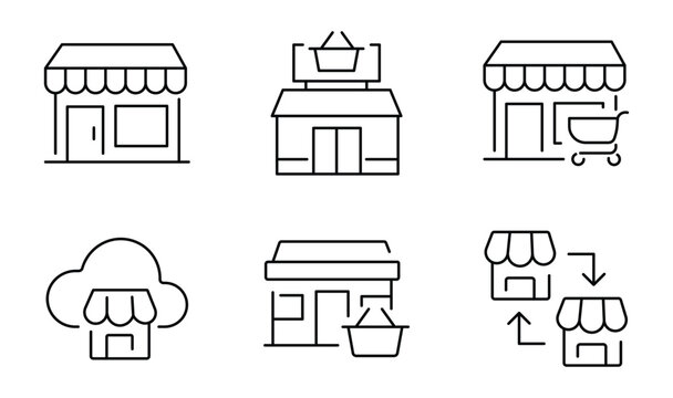Minimalist retail store line icons set, 6 modern shop and e-commerce vector symbols, black outline storefront and marketplace graphics for business apps