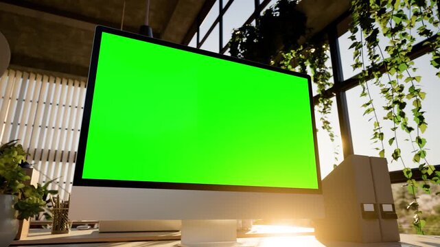 Computer Green Screen Modern Office Workspace with and Evening Sunlight - Bottom Prespective