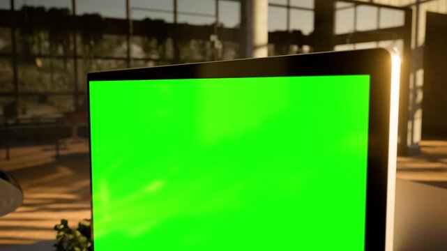 Computer Green Screen Modern Office Workspace with and Evening Sunlight - Top Edge Close-Ip