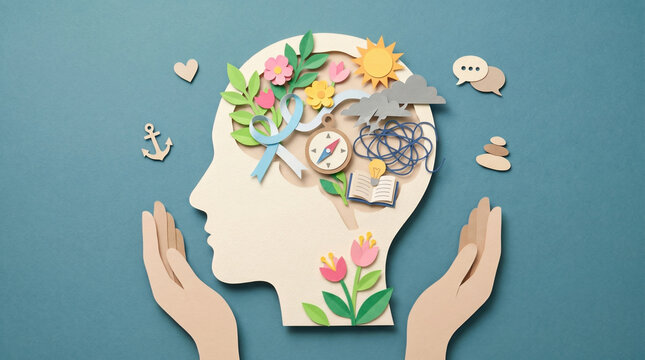 Paper cut mental wellness concept with calm thoughts and emotional healing