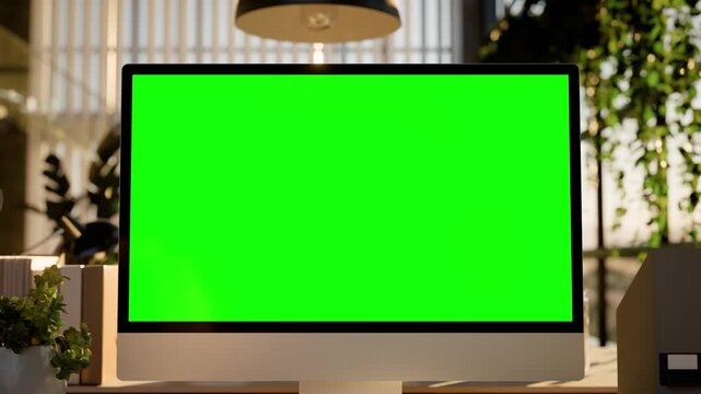 Computer Green Screen Modern Office Workspace with and Evening Sunlight - Front View