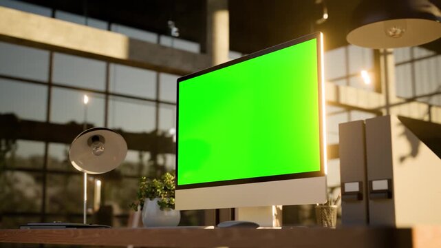 Computer Green Screen Modern Office Workspace with and Evening Sunlight - Right Perspective