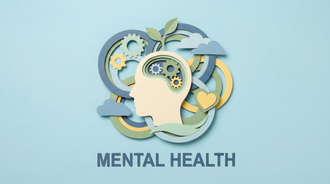 Paper art illustration showing emotional balance, calm thinking, healing, and positive mental wellness concepts.