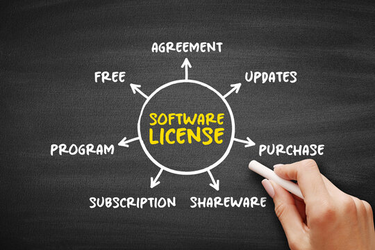 Software License diagram showing agreement, purchase, updates, subscription, program and shareware concepts related to usage rights and distribution terms