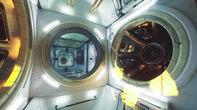 Space station lab. Research facility with racks and data consoles. Onboard space station laboratory equipped with experimental ports and instruments