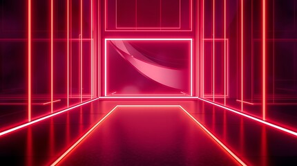 Fototapeta premium Futuristic Neon Corridor with Glowing Red Lights and Reflections.