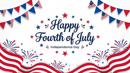 Obraz premium Happy 4th of July, USA Independence Day with waving American national, garlands on top fireworks on the white background, use for sale banner, discount banner, advertisement banner, etc