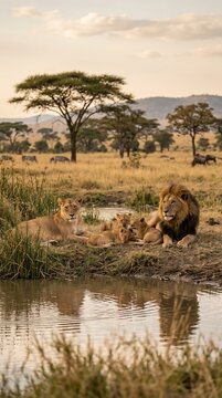 Lion family resting by serene savannah waterhole at sunset