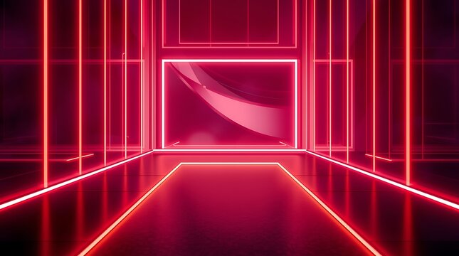 Futuristic Neon Corridor with Glowing Red Lights and Reflections.