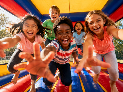 Excited children playing in colorful inflatable bouncy castle at outdoor park