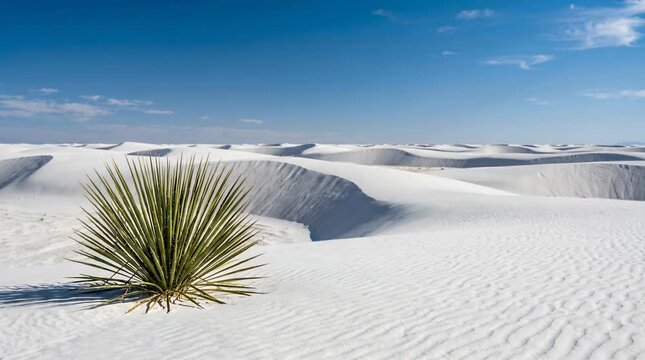 Vast White Sand Dunes Under A Clear Blue Sky With A Lone Green Yucca Plant In The Foreground