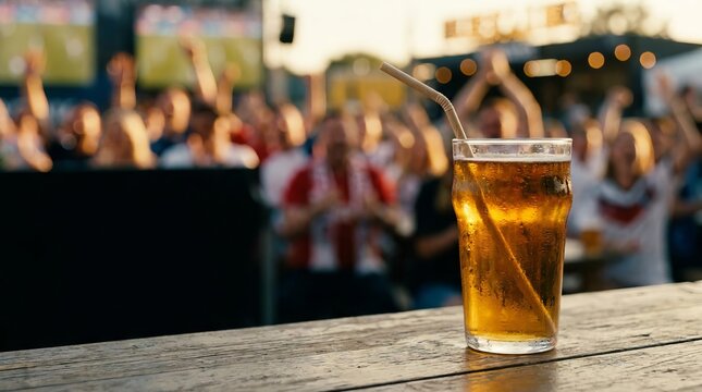 A cold glass of beer on a wooden table at a sports bar with a cheering crowd in the background.