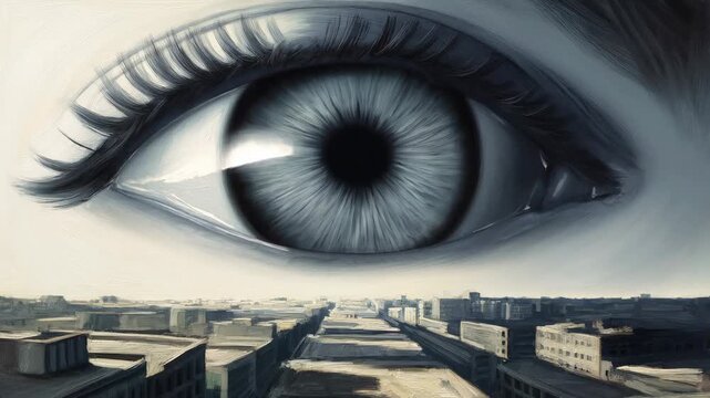 Slow zoomin closeup of giant human eye watching over urban skyline from rooftop panoramic view at dawn