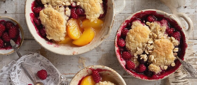 Delicious dessert of raspberries and peaches with crumb topping in small bowls