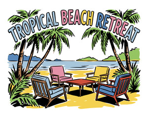 Obraz premium Tropical beach retreat. Beach club. Endless summer artwork. Tropical vintage design for t shirt print. Paradise island.