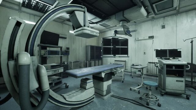 Empty operating room surgical table illuminated awaiting interventional radiologist team. Carm imaging, monitors, sterile cabinets and instrument trolley staged