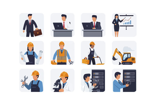 Diverse professionals vector illustrations of various occupations in modern settings