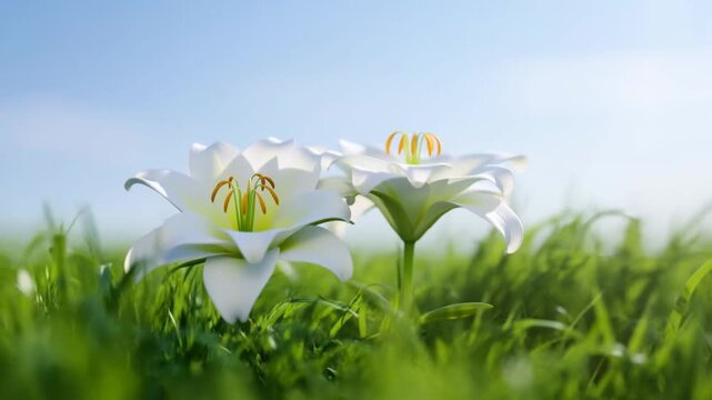 Slow motion dolly forward of white lilies opening and unfurling in grassy meadow at bright morning low angle close up