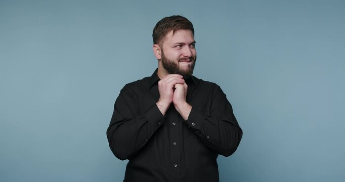 Person shows different expressions while smiling and thinking in a studio setting
