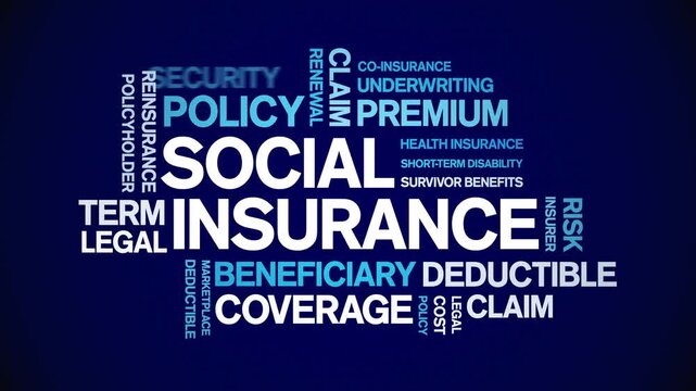 Social insurance animated word cloud-text design animation tag kinetic typography seamless loop.