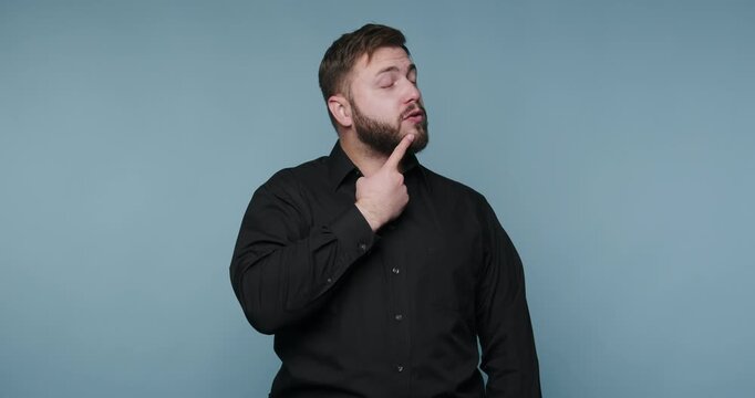 Man shows different expressions while thinking in a simple setting with solid background