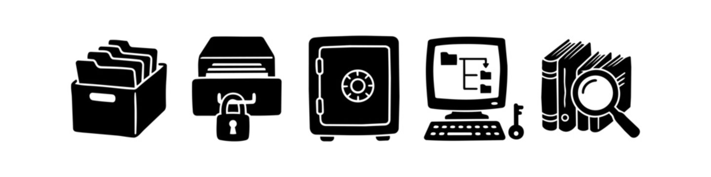 Hand-drawn icon set representing data security, archiving, and information management. Includes file folders, locked drawers, a safe, computer access, and research tools on a white background.