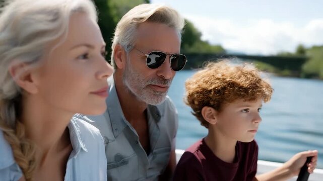 Mature caucasian couple with child on a boat excursion in nature