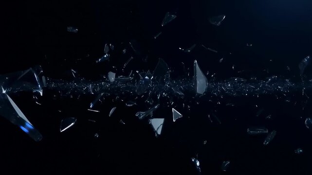 Slow motion tracking shot of glass shards exploding and scattering across black studio background with reflective fragments rotating and falling
