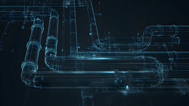 Minimal style visualization of natural gas pipe network with glowing blue wireframe pipes and industrial fittings conveying energy and motion