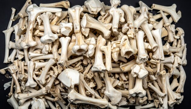 A detailed closeup of a large pile of small, delicate, and fragmented animal bones scattered across a textured surface.