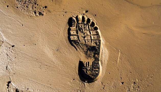 A Detailed Macro Shot of a Muddy Bootprint Pressed Deep into Soft Ground, Showcasing Texture and Tread Pattern