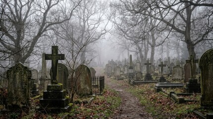 Fototapeta premium Foggy Cemetery Path Surrounded by Trees and Gravestones