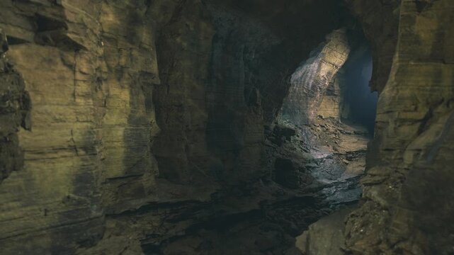 Shadowed underground passage with stone arch, layered rock strata and textured walls, narrow corridor leading into depth, historic atmosphere suggesting