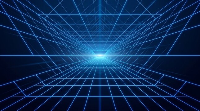 Grid lines recede into a central glowing point to form a digital perspective tunnel on a dark blue background.