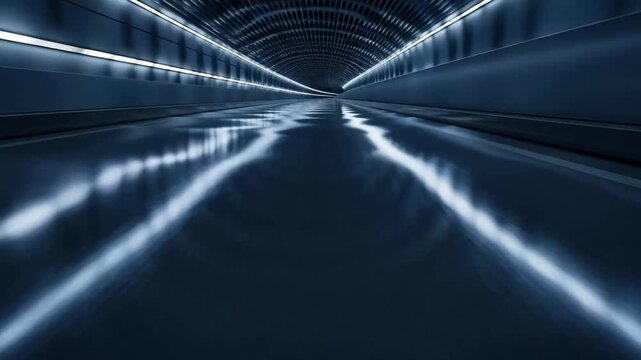 Tracking shot low angle forward dolly through reflective illuminated tunnel corridor interior with glossy floor reflections in underground transit station at night