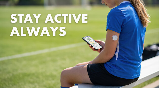 Web banner STAY ACTIVE ALWAYS. Young teen girl athlete on bench at soccer field checks blood sugar levels on smartphone app with continuous glucose monitor. Insulin-dependent diabetes monitoring.