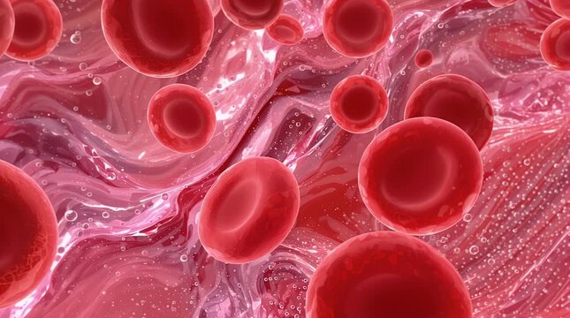A close-up, microscopic view of numerous red blood cells (erythrocytes) flowing within a biological fluid or tissue, highlighting their biconcave disc shape and vibrant red color.