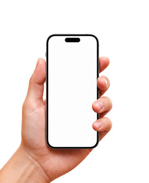 Hand holding smart mobile phone blank mockup on transparent background
